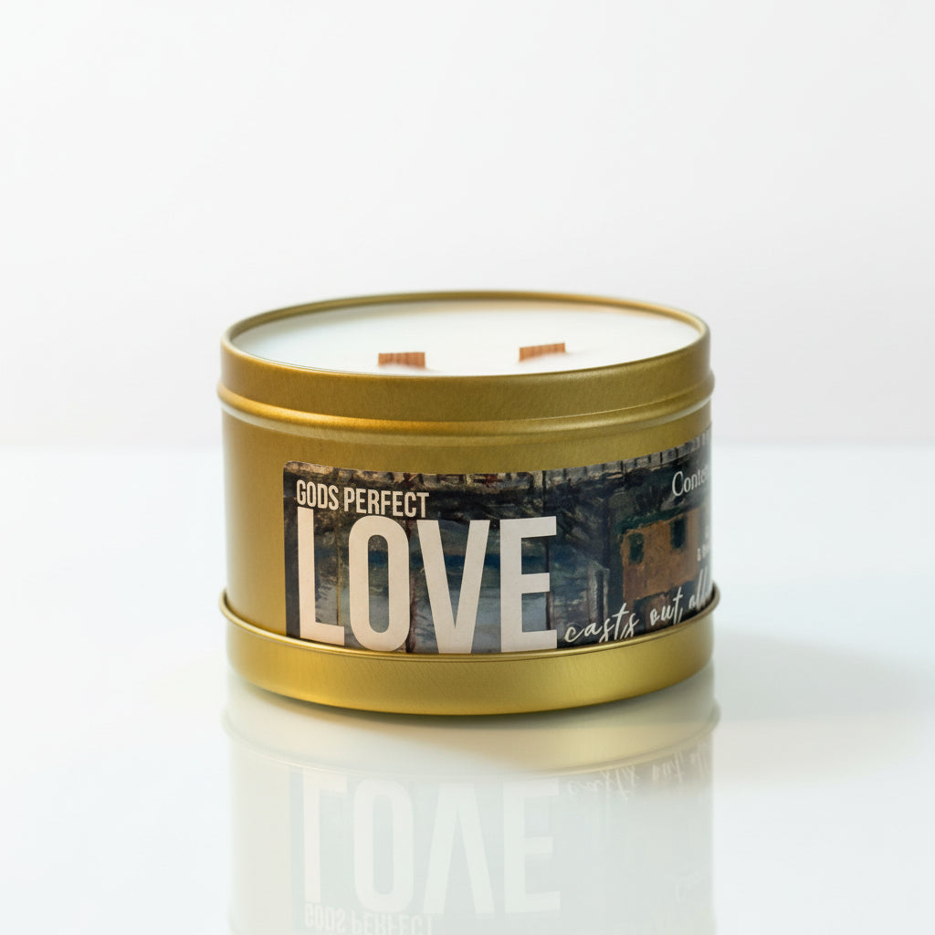Gods Perfect Love Candle Large Gold Tin
